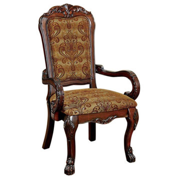 Traditional Fabric Upholstered Arm Chair With Carving, Set Of 2, Brown