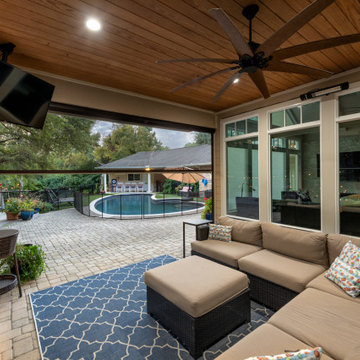 Backyard Pool and Outdoor Living with Elevated Deck & Illuminated Creek Bed
