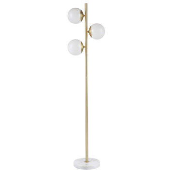 Modern Floor Lamp, Round Marble Base With Golden Pole and 3 Ball Glass Shades