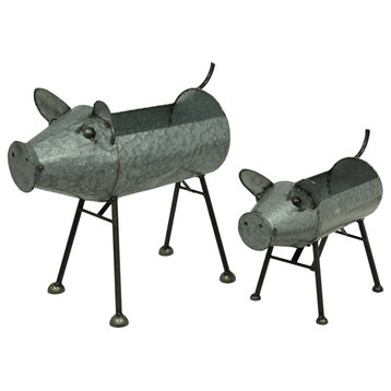 Galvanized Metal Set of 2 Indoor/Outdoor Pig Planter Sculptures