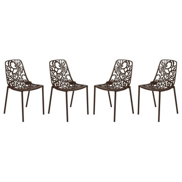 LeisureMod Devon Modern Indoor Outdoor Aluminum Dining Chair in Brown Set of 4