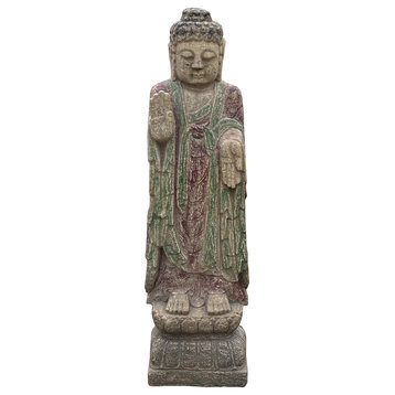 Chinese Rough Gray Stone Carved Standing Abhaya Mudra Buddha Statue Hcs7638
