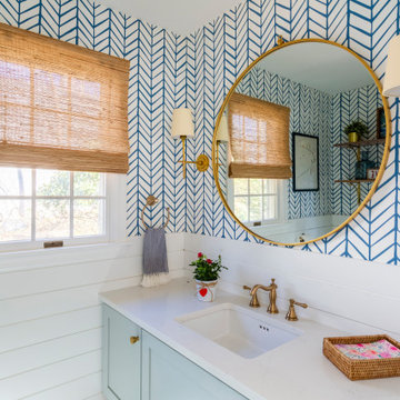 Beachy Powder Room with Wallpaper