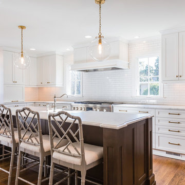 White, gold, and marble kitchen