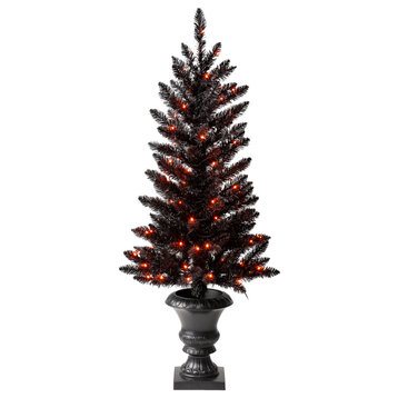 4ft Lighted Black PVC Tips Porch Tree With 100 LED Orange Lights