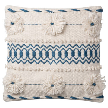 In/out Embroidered Design Accent Pillow 18"x18" , Natural / Blue, No Fill