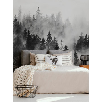 Morning Forest Fog Mural Peel and Stick Vinyl Wallpaper, Black and White, 24 X 108