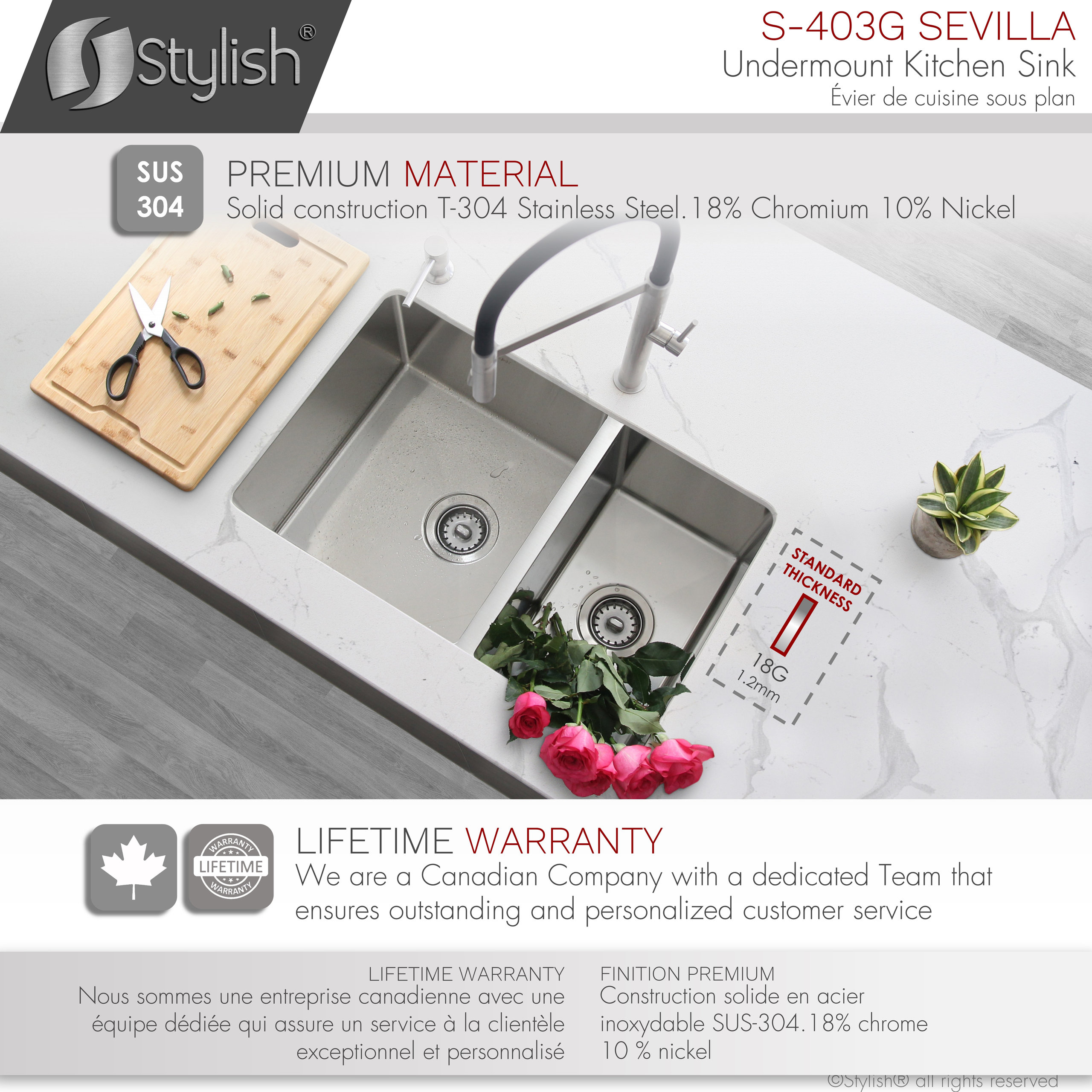 STYLISH 28" Double Bowl 60/40 Reversible Undermount Stainless Steel Kitchen SInk