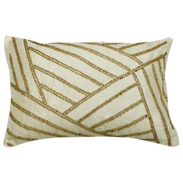 Decorative 12"x24" Wooden Beads Ivory Silk Lumbar Pillows For Couch - Gold Light