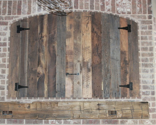 Reclaimed Wood Fireplace Mantel & Barn Wood Cabinet Doors