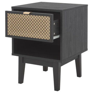 Unique Nightstand, Open Compartment and Drawer With Gold Accent, Black