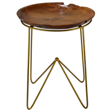 Bare Decor Paolo End Table With Teak Wood Top With Gold Finish Metal Legs