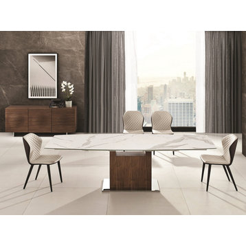 Olivia Manual Dining Table with Walnut Base and White Marbled Porcelain Top
