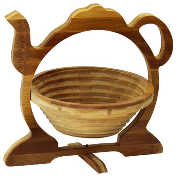 Natural Geo Handcarved Wooden Teapot Collapsible Fruit Basket