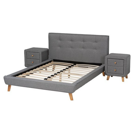 3 Pieces Retro Modern Bedroom Set, Queen Upholstered Bed & 2 Nightstands, Gray