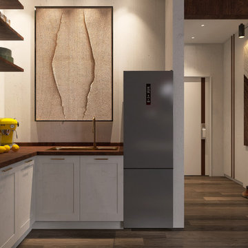 Compact Industrial Kitchen with Dark Wood Countertops