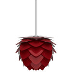UMAGE - Aluvia Plug-In Pendant, Mini, Ruby/Black - Modern. Elegant. Striking. The VITA Aluvia is an artistic assemblage of 60 precision-cut aluminum leaves, overlapping each other on a durable polycarbonate frame. These metal leaves surround the light source, emitting glare-free, ambient light.  The underside of each leaf is painted white for increased light reflection, and the exterior is finished in one of six designer colors. Available in two sizes, the Medium (18.9"h x 23.3"w) can be used as a pendant or hanging wall lamp, while the Mini (11.8"h x 15.7"w) is available as a pendant, table lamp, floor lamp or hanging wall lamp. Hang it over the dining table, position it in a corner, or use as a statement piece anywhere; the Aluvia makes an artistic impact in any room.