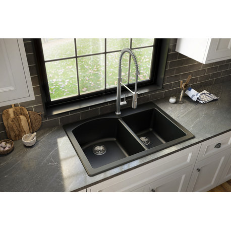 Karran Drop-In Quartz 33" 1-Hole 60/40 Double Bowl Kitchen Sink, Black