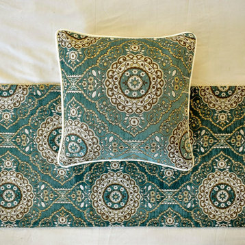 Decorative Blue Velvet Queen 74"x18" Bed Runner With Pillow Cover Ahmet