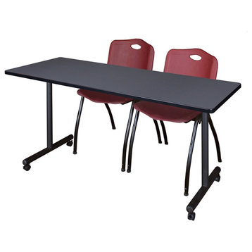 72" x 24" Kobe Mobile Training Table- Grey & 2 'M' Stack Chairs- Burgundy