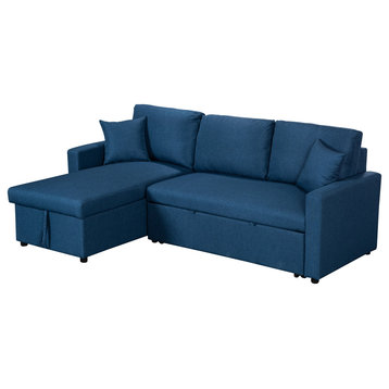 Paisley Linen Reversible Sleeper Sectional Sofa With Storage Chaise, Blue
