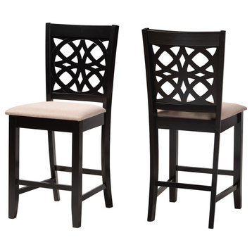 Abigail Beige Fabric and Dark Brown Finished Wood 2-Piece Counter Stool Set