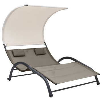 vidaXL Double Sun Lounger Outdoor Chaise Lounge with Canopy Textilene Taupe
