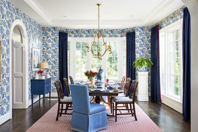 Mid-sized trendy dark wood floor, brown floor and wallpaper enclosed dining room photo in DC Metro