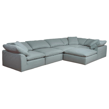 6-Piece Slip-Covered L-Shape Sectional Sofa With Ottoman, Ocean Blue