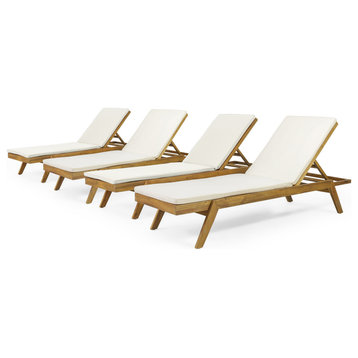 Larimore Outdoor Acacia Wood Chaise Lounge with Cushions (Set of 4), Cream + Teak