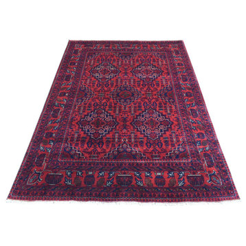 Red Hand Knotted Tribal Design Soft Wool Afghan Khamyab Oriental Rug, 4'10"x6'7"
