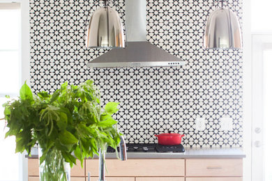 Example of a trendy kitchen design in DC Metro with cement tile backsplash and stainless steel appliances