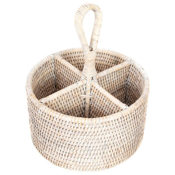Artifacts Rattan Round 4-Section Caddy/Cutlery Holder, White Wash