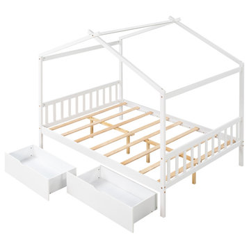 Gewnee Full Size House Platform Bed with Two Drawers,Headboard in White