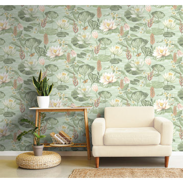 Painted Waterlily Floral Wallpaper , Green, Sample