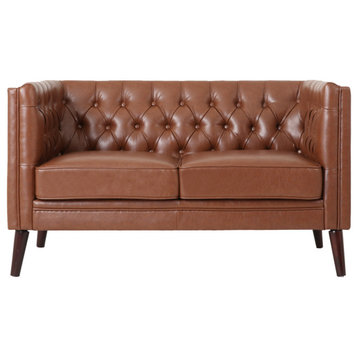 Henton Contemporary Upholstered Tufted Loveseat, Cognac/Brown, Faux Leather