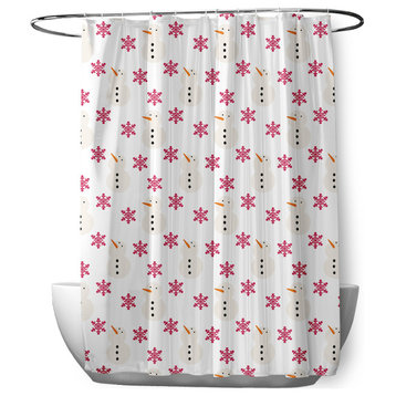 70"Wx73"L Snow Men In Snowstorm Shower Curtain, Holiday Pink
