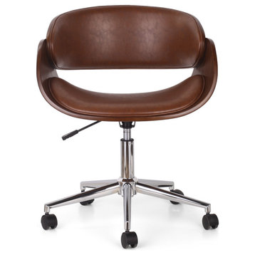 Stillmore Mid-Century Modern Upholstered Swivel Office Chair, Cognac/Walnut/Chrome