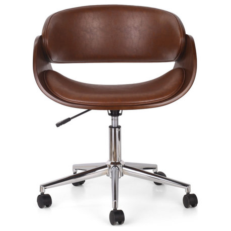 Stillmore Mid-Century Modern Upholstered Swivel Office Chair, Cognac/Walnut/Chrome