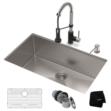 32" Undermount Stainless Steel Kitchen Sink, Pull-Down Faucet SSMB w Dispenser