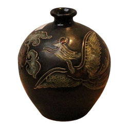 Chinese Handmade Ceramic Brown Black Bird Motif Jar Vase - Decorative Jars And Urns