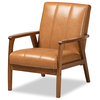 MCM Tan Faux Leather Upholstered and Walnut Brown finished Wood Lounge Chair