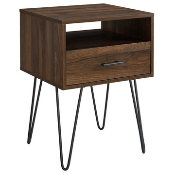 18" Modern Single Drawer Hairpin Leg Side Table, Dark Walnut