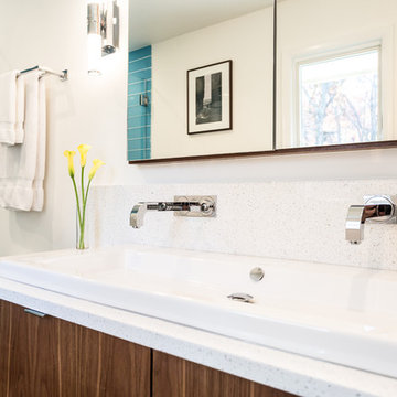 Custom Walnut Vanity with Washbasin and Quartz Counter