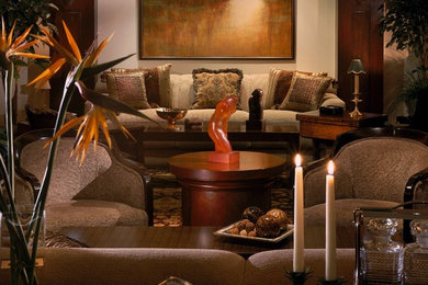 Example of a mid-sized transitional formal and open concept dark wood floor living room design in Miami with beige walls, no fireplace and no tv