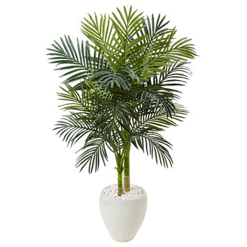 4.5' Golden Cane Palm Artificial Tree, White Oval Planter
