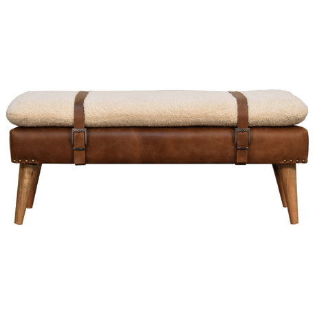 Solid Wood Boucle Buffalo Hide Leather Bench, Cream & Brown