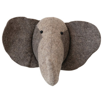 Handmade Wool Felt Elephant Head Wall Hanging, Grey and Charcoal