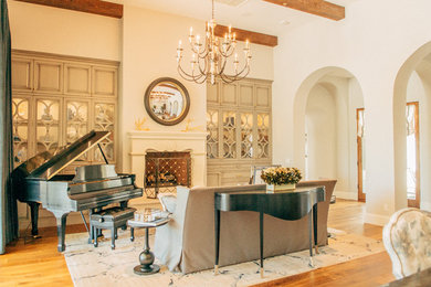 Inspiration for a large transitional formal and open concept medium tone wood floor living room remodel in Phoenix with gray walls, a standard fireplace, a stone fireplace and no tv