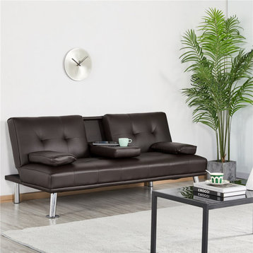 Modern Futon, Artificial Leather Seat With Cup Holders & Movable Arms, Espresso